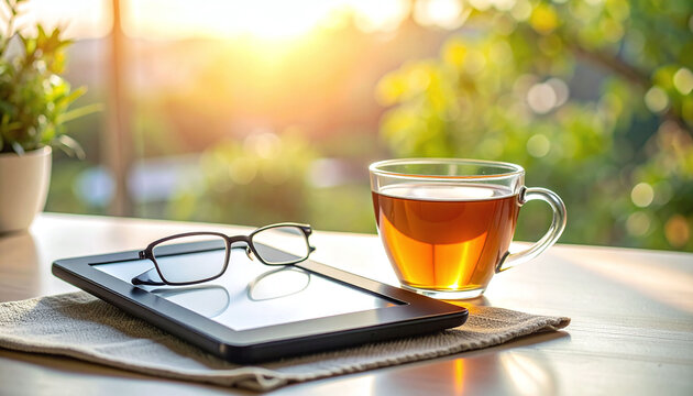 Cozy, peaceful morning with nobody a warm glass cup of tea, reading glasses, and digital tablet rest on a sunlit table, evoking serene relaxation and intellectual comfort.