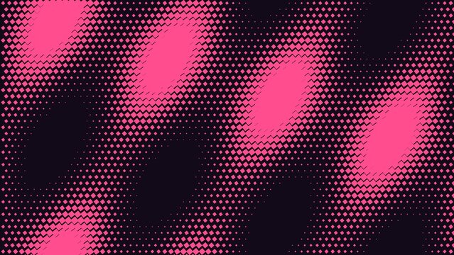 Abstract halftone pattern with pink square dots on a dark background, creating an oval, wave effect for, and backgrounds