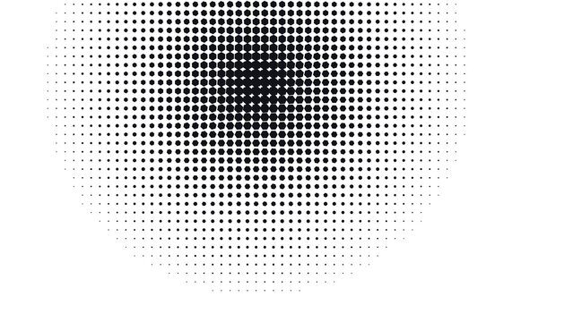Black dot halftone pattern with circular gradient transition, dense dots fading to white on a plain white background for