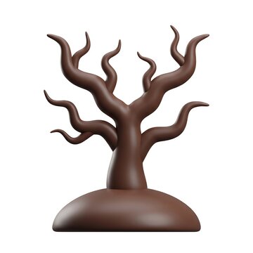 Stylized bare brown tree with curvy branches on a mound isolated on white background dead tree 3D icon