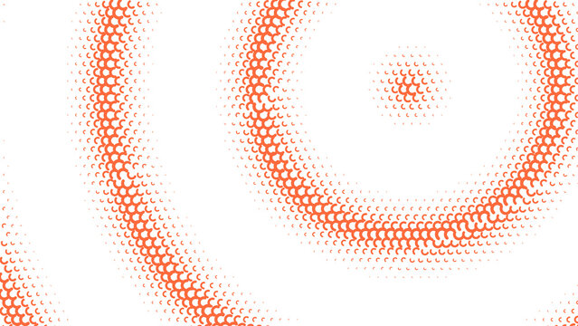 Abstract halftone pattern with orange crescents on black background, geometric circular gradient shape for digital texture backdrop