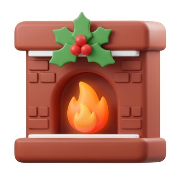 3D Miniature brick fireplace with glowing orange fire and christmas holly decoration fireplace icon cozy hearth
