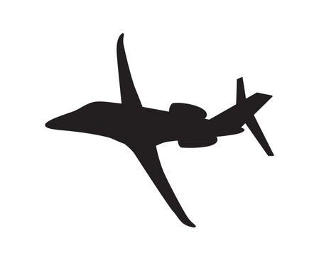 Black silhouette of a twin-engine passenger jet aircraft viewed from above and isolated on white background. Vector illustration