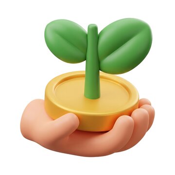 3D hand holding a small green plant sprout growing out of a yellow coin or disk with environment