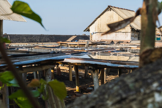 Wooden structures designed to assist salt farmers with the seawater evaporation process&mdash;Kusamba, Klungkung, Bali, Indonesia, August 17, 2026