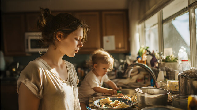 young mother messy kitchen morning chaos, mother and son baking cookies