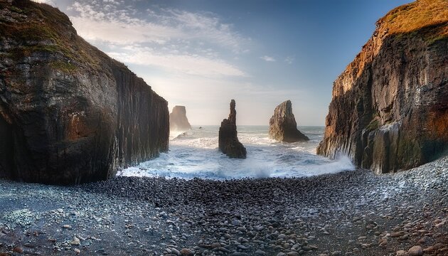 Weather Beaten Sea Stacks Divide A Coastal Gap