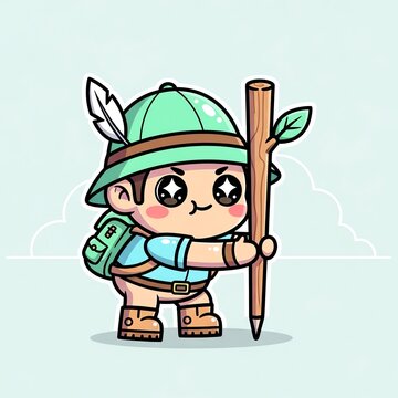 Cute Cartoon Explorer Boy with Backpack and Stick.