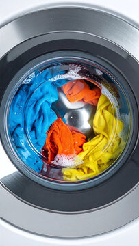 Vibrant blue, yellow, and orange clothes spin in a washing machine drum with soapy bubbles, evoking a sense of fresh cleanliness. Perfect for laundry concepts. Nobody.