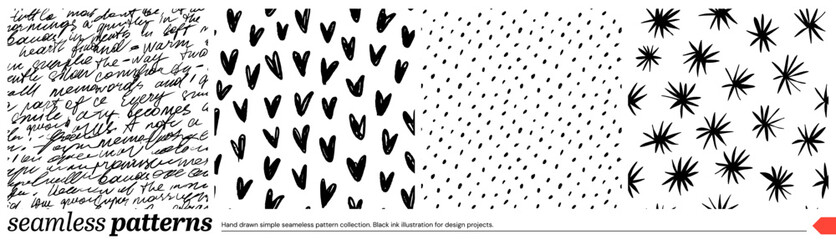 Naklejka premium Brush drawn doodle seamless pattern set. Handwriting print, polka dot seamless pattern, scattered tiny hearts wrapping paper. Linear cursive lettering ornament. Romantic print design.