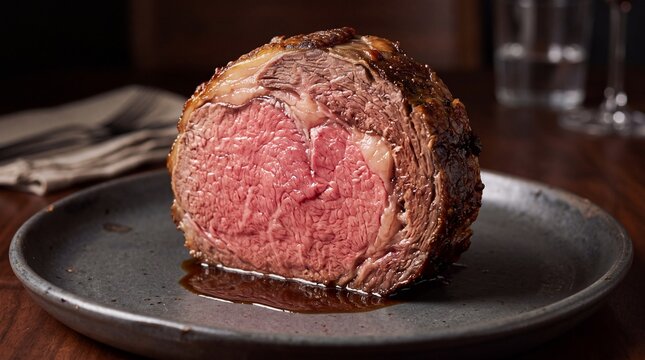 Medium rare prime rib roast beef slice on a dark plate
