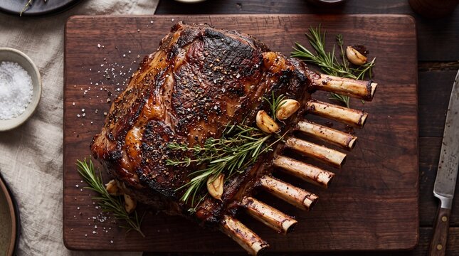 Roasted prime rib with rosemary and garlic on a wooden board