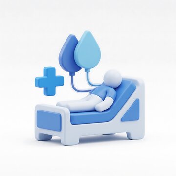 3D medical patient lying in a hospital bed receiving intravenous drip treatment with a cross symbol