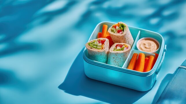 Healthy lunchbox with vegetable wraps and carrots on blue