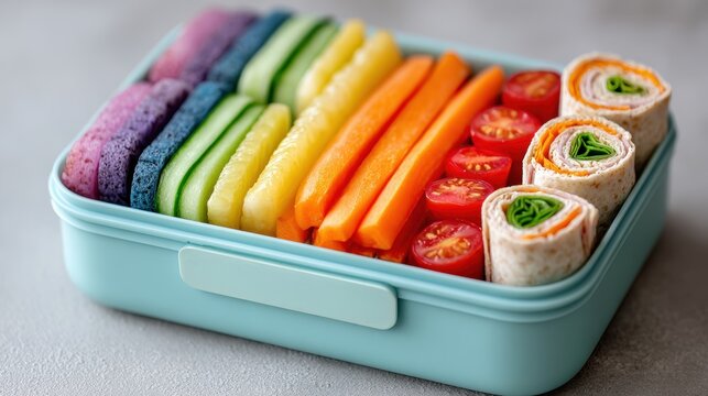 Healthy rainbow lunch box with fresh vegetables and wraps