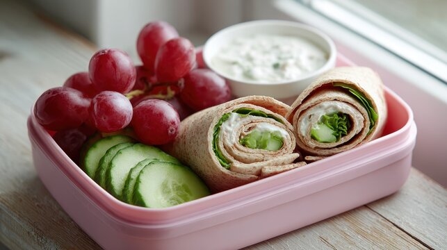 Healthy school lunch box with wrap, grapes, and cucumber