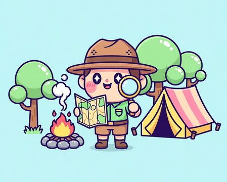 Cute Cartoon Explorer with Map and Magnifying Glass.