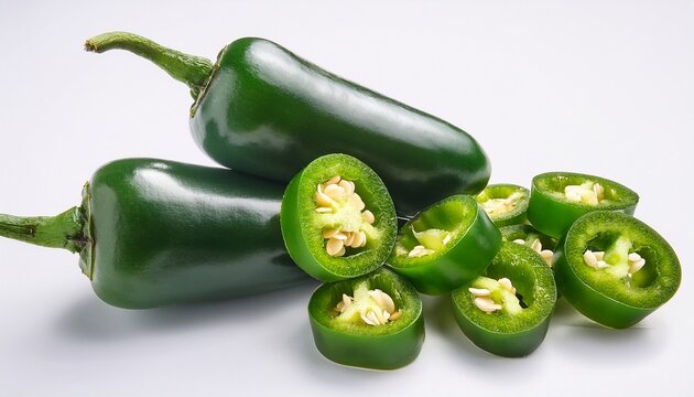 Fresh Green Jalapeno Pepper Preparation Whole And Sliced Chili Pepper With Seeds Chopped Spicy Serrano Pepper Pieces On White Background