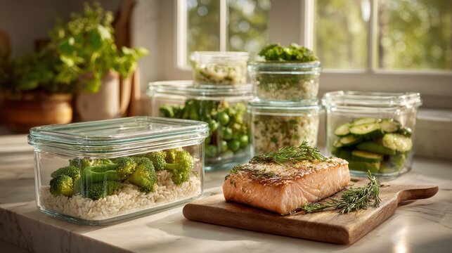 Meal prep glass containers with salmon and healthy vegetables