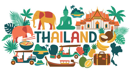 Naklejka premium Thailand travel colorful landscape popular symbols for vacation.