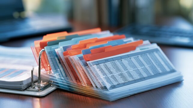 Organized ring binder with colorful index tabs and financial data