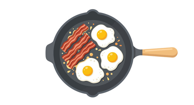 Fried Eggs and Bacon in Skillet Illustration, Top-down Breakfast Vector