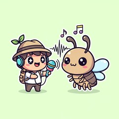 Naklejka premium Cute Explorer Recording a Bee Singing.