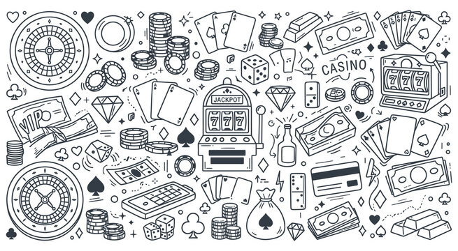 Detailed casino gambling outline doodles and element set.