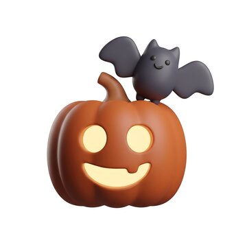 3D Halloween jack o lantern pumpkin with glowing face and little bat standing on top cute bat halloween decorat