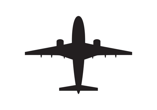 Black silhouette of a twin-engine passenger jet airliner viewed from directly above. Vector illustration isolated on white background