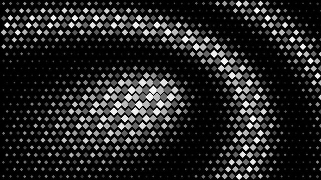Abstract monochrome halftone pattern with moving geometric diamond shapes and pulsing light waves