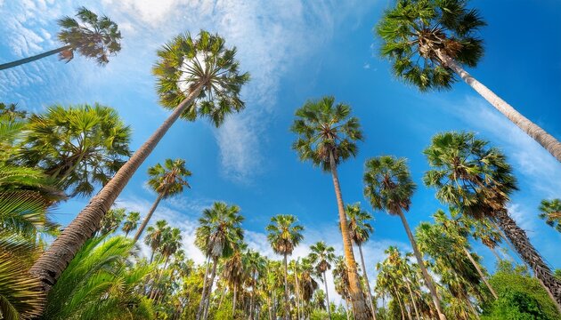 Low Angle Perspective Of Tall Oil Palm Trees Reaching Into A Bright Blue Sky