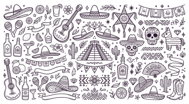 Mexican culture line art doodles with traditional elements.