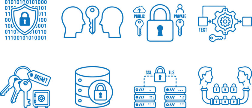 Public key infrastructure PKI asymmetric cryptography and database encryption blue sketch icon set