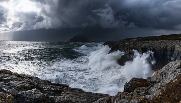 Dramatic Storm Clouds Over Dark Crashing Ocean Waves And Cliffs
