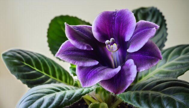 Purple Gloxinia Flower Blooming On Green Houseplant Leaves Against Soft Neutral Background