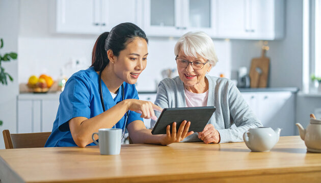A friendly Asian nurse in blue scrubs shows a digital tablet to a happy senior woman in a bright kitchen, illustrating modern home healthcare, devoted support, and warm companionship.