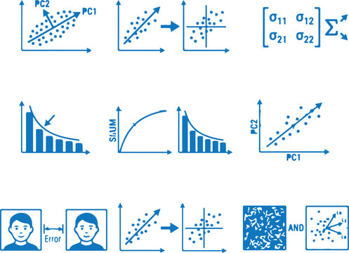 Principal component analysis PCA dimensionality reduction data science blue linear icon set