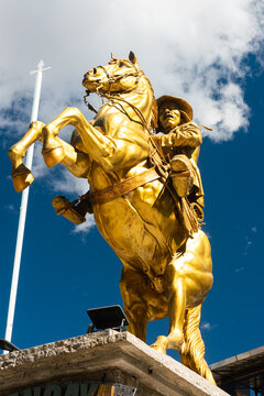 Nadir angle view of the equestrian monument to the Andean rider in Huancaya, Peru.
