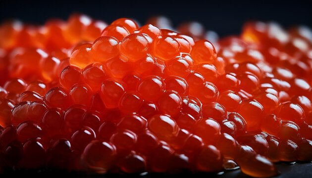 An Extreme Macro Close Up Photograph Of Vibrant Orange Red Pink Salmon Caviar Rendered In A Dramatic Dark And Moody Contemporary Minimalist Style
