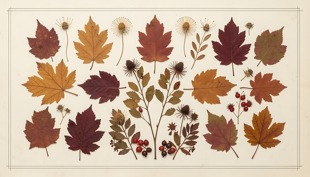Vintage botanical herbarium collection of pressed autumn leaves, dried flowers, and berries on antique parchment paper