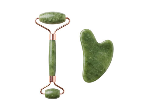 Jade roller and gua sha facial massage tools are displayed on a clean transparent background.