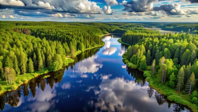 A tranquil aerial view of forest canopies and river reflections mirrors a summer sky in karelian wilderness