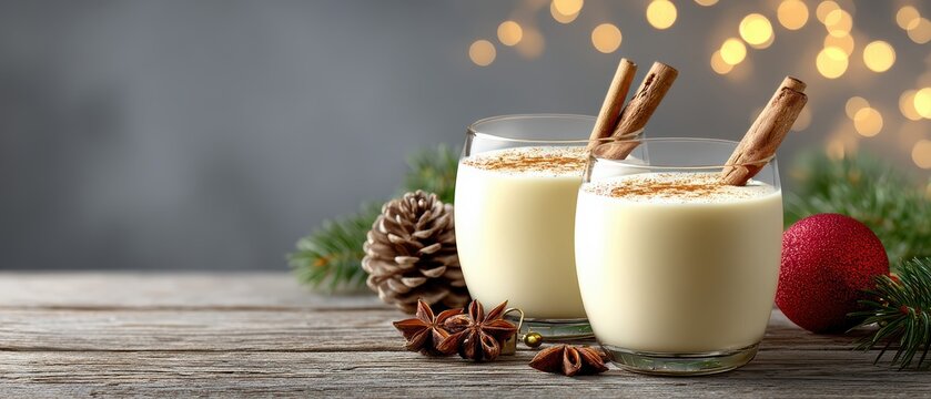 Festive creamy eggnog in glasses with sprinkles