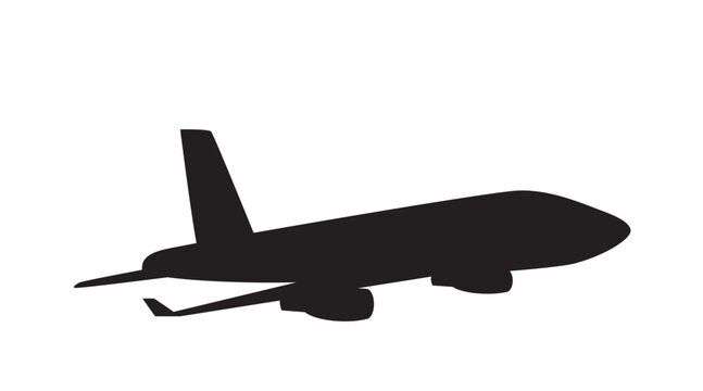 Black silhouette of a commercial passenger jet airliner viewed from the side in flight. Vector illustration