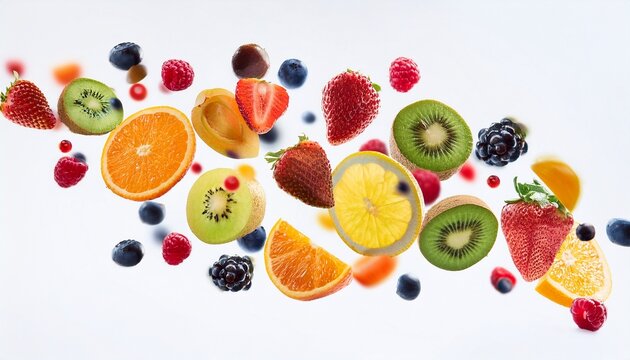 Fresh Colorful Fruit Slices And Berries Falling In Motion On White Background