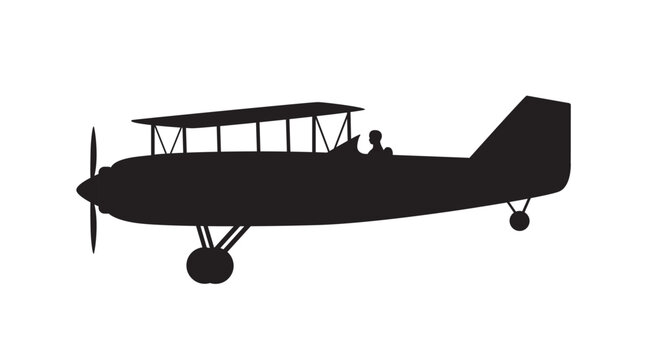 Black silhouette of a vintage propeller biplane with pilot and landing gear viewed from the side. Vector illustration