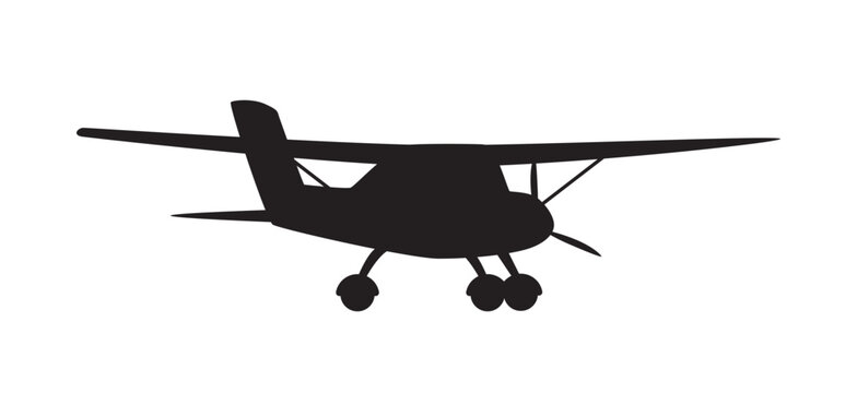 Black silhouette of a high-wing single-engine propeller airplane with landing gear viewed from the front. Vector illustration
