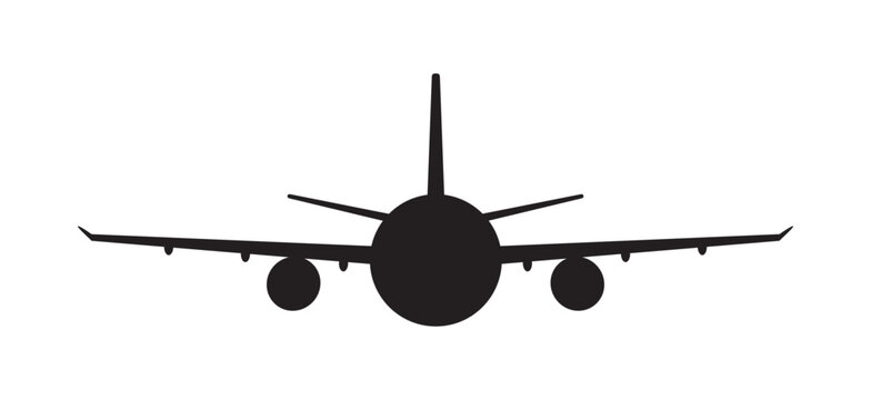 Black silhouette of a twin-engine passenger jet airliner viewed directly from the front. Vector illustration
