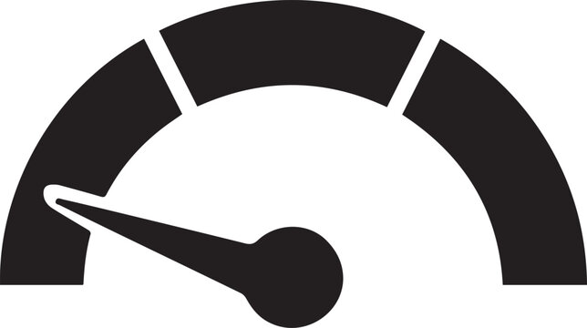 Minimalist graphic icon of a speedometer gauge displayed in a clean and bold black and white silhouette